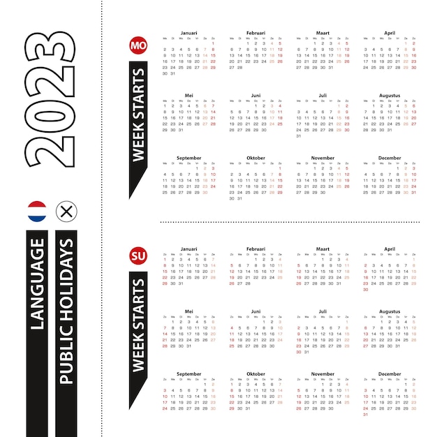 Two versions of 2023 calendar in Dutch week starts from Monday and week starts from Sunday