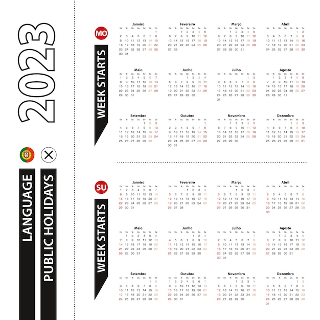 Two versions of 2023 calendar in Portuguese week starts from Monday and week starts from Sunday