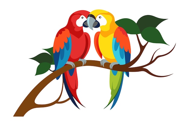 Vector two vibrant parrots perched on a tree branch illustration