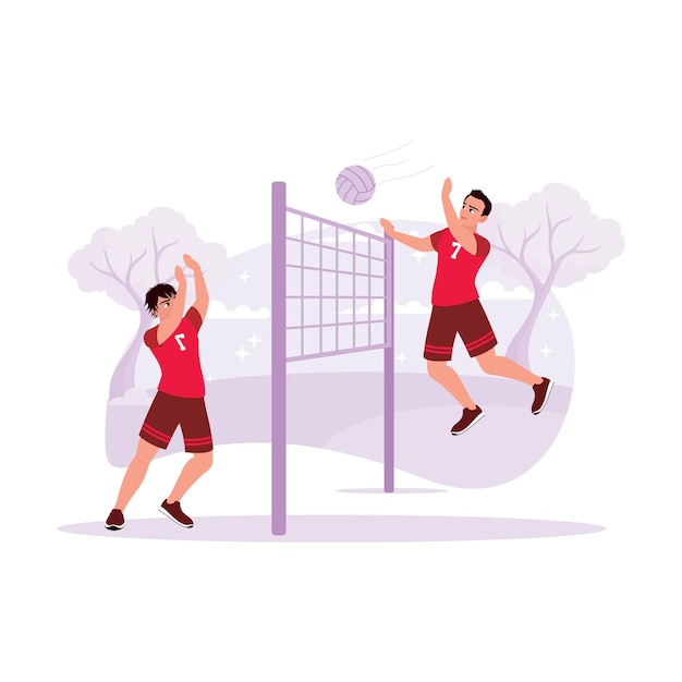 Two volleyball players were playing professionally in a game Trend Modern vector flat illustration