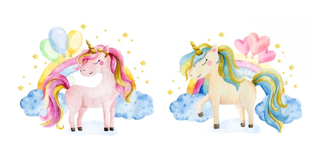 Two Watercolor unicorns and rainbow clipart