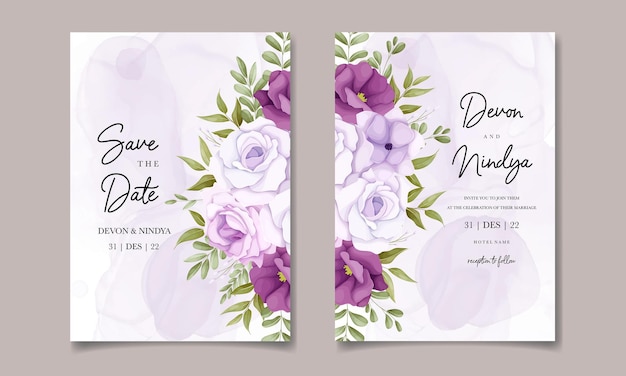 Two wedding invitations with purple flowers and a message for a date.