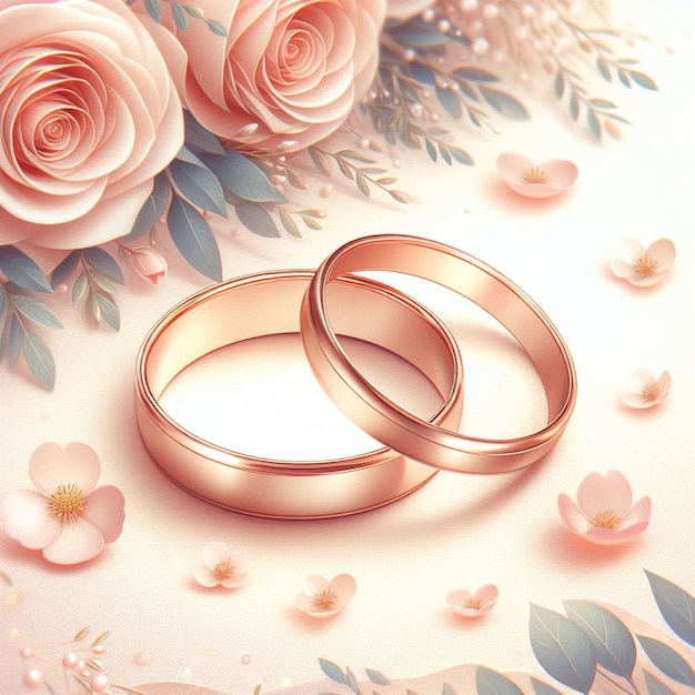 two wedding rings with pink roses and pink roses on a white background