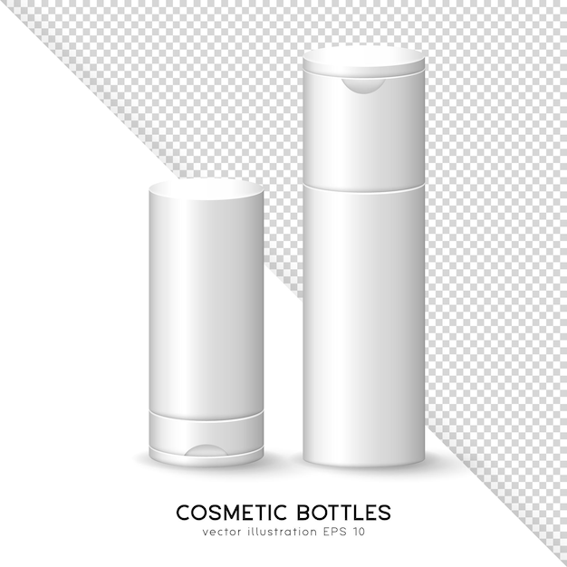 Two white matte cosmetic bottles with lid. Skincare product mockup for logo design