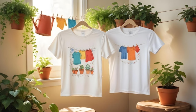 Vector two white tshirts with colorful illustrations of potted plants and hanging laundry the tshirts are displayed against a backdrop of potted plants and a window