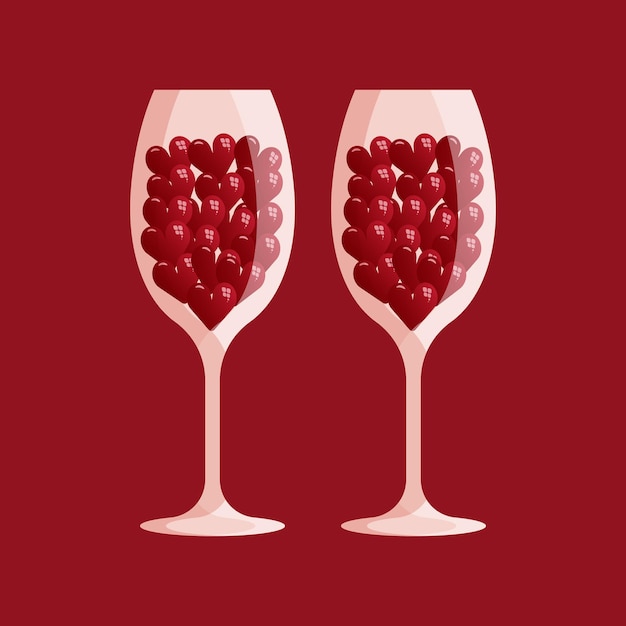 Two wine glasses with hearts Many little red hearts in two wine glasses Valentines day concept Vector illustration