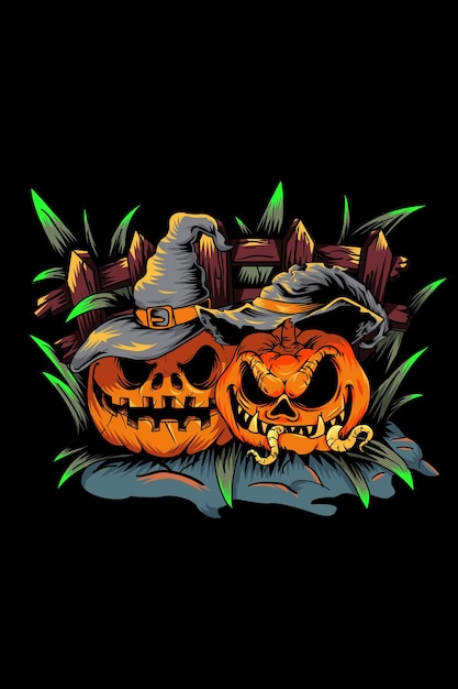 Two witch pumpkins with garden vector illustration