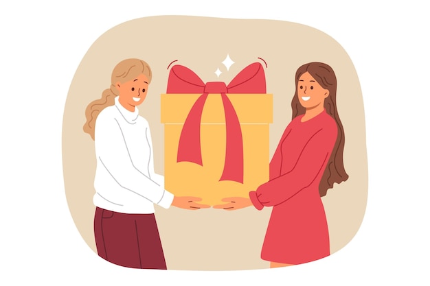 Two women are holding large gift box with red bow rushing to congratulate hero of day on birthday