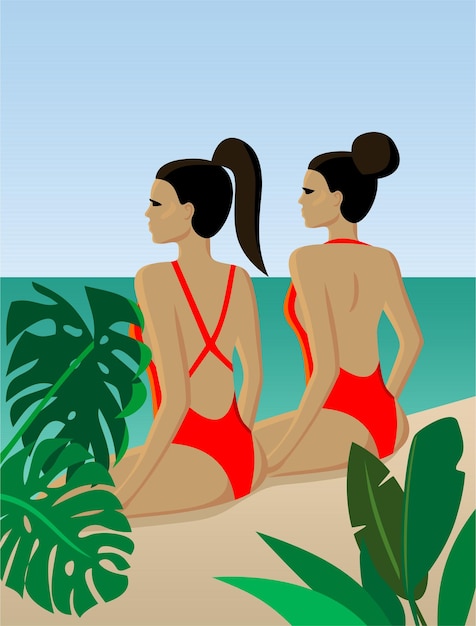 Vector two women are sitting on the beach