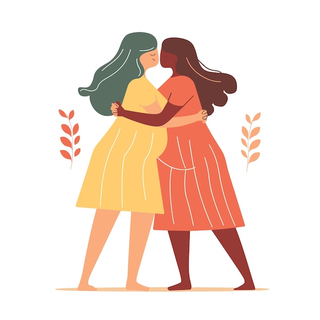 Vector two women embracing affectionately diverse ethnicities expressing friendship love female