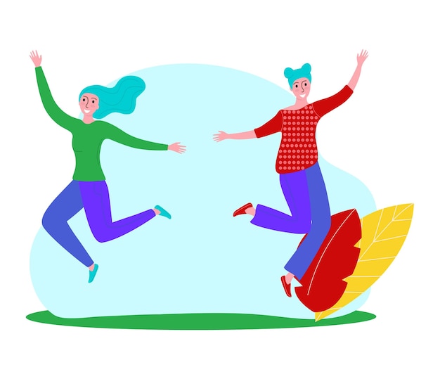 Two women happily jumping in the air on a green field one with blue hair and green top the other