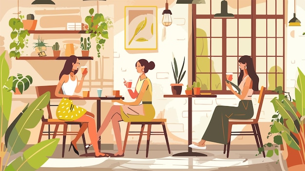 Vector two women having a chat in a cozy cafe setting