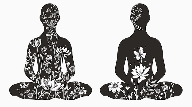 Vector two women in lotus pose with flowers on the top