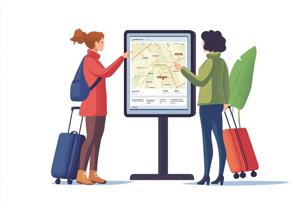 Vector two women pointing at map with luggage