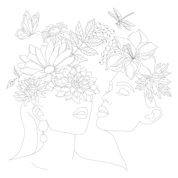 Two women with flowers on their heads A woman with a flower face