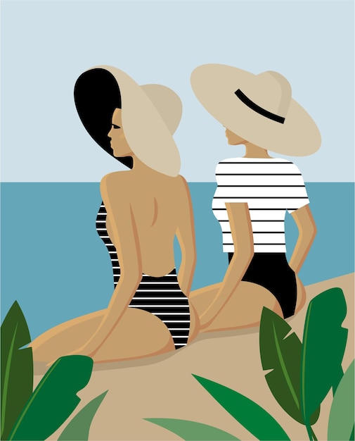 Two women with hats on the beach