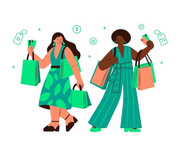 Two women with shopping bags and mobile phone Vector illustration in flat style