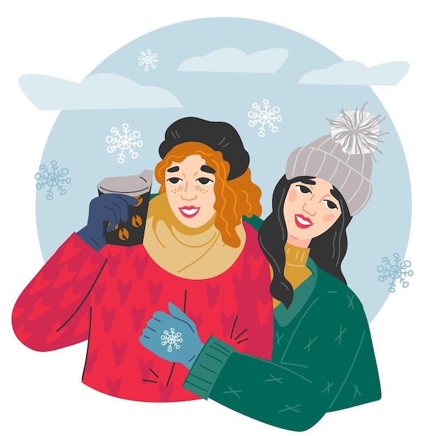 Two women or young girls having fun in winter outdoors flat vector isolated