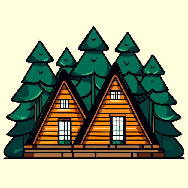 Vector two wooden cabins in the forest vector illustration