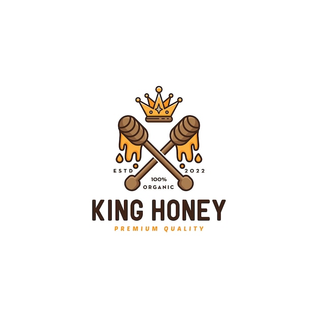 Two wooden dipper with honey drop and crown logo design king honey logo organic premium quality