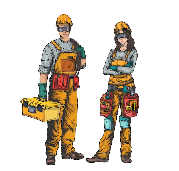 Two workers characters construction male and female in uniform illustration