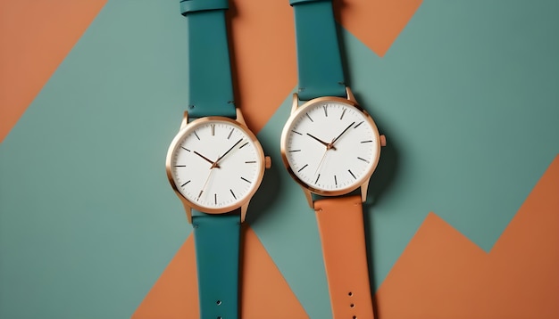 Vector two wristwatches with gold bands and white faces one with a green strap and one with an orange strap on a green and orange background