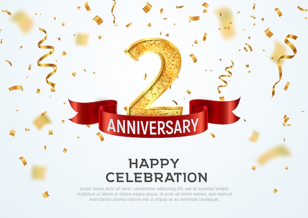 Two years anniversary  banner template Second year jubilee with red ribbon and confetti 