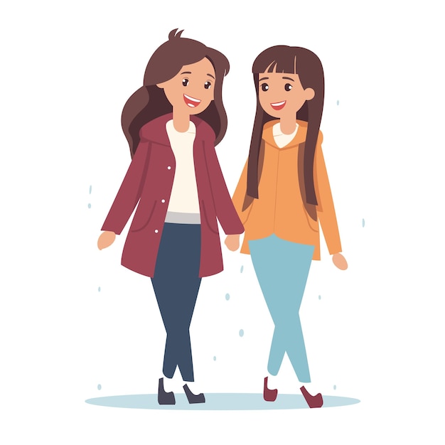 Vector two young adult female friends walking together both smiling enjoying time casual wear cartoon