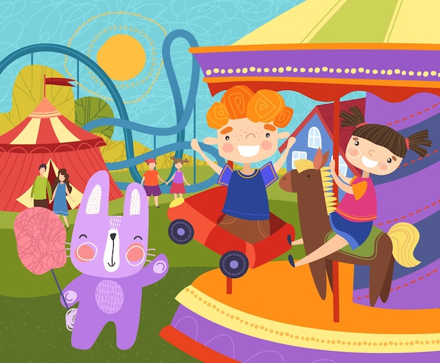 Vector two young children having fun at the fairground riding on a colorful carousel or merry-go-round watched by their pet rabbit holding a sticky pink candy floss