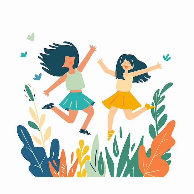 Vector two young girls jumping joyfully among colorful plants expressing happiness freedom animated