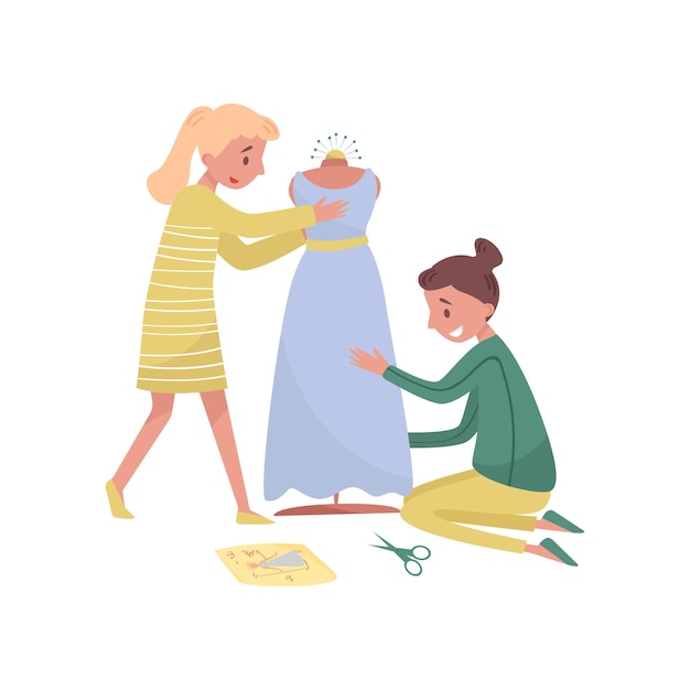 Two young girls sews dress Profession of fashion designer Female dressmakers at work Flat vector illustration