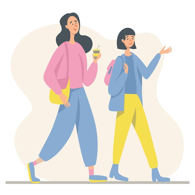 Two young girls walking together and communicating and drinking coffee in paper cup. Female characters spending leisure time wearing casual clothing. Vector illustration in flat style.