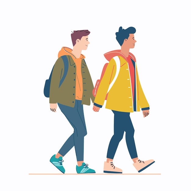 Vector two young men walking side side one looking forward glancing him male friends strolling casual