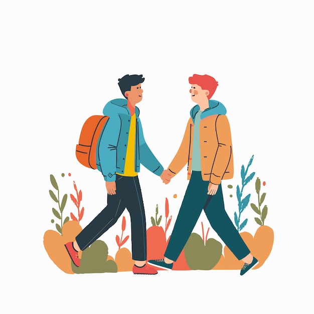 Vector two young men walking together holding hands among colorful stylized plants one man has dark