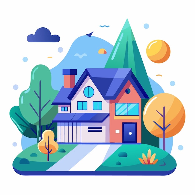 Vector a twostory house with a blue roof surrounded by trees and a mountain in the background