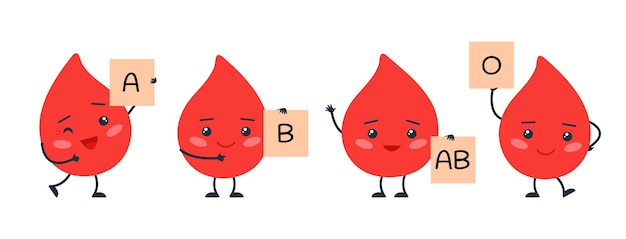 Types of blood Happy bloods characters red drops with banners Medical bleeding elements isolated cute healthy droplets Kawaii decent vector set