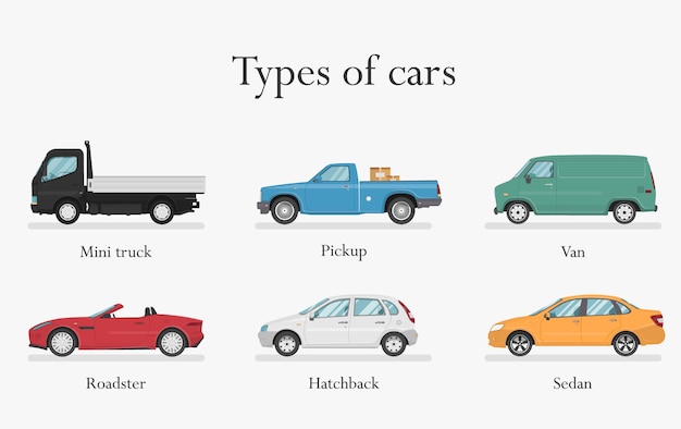 Types of cars. Transport design over white background,  illustration.