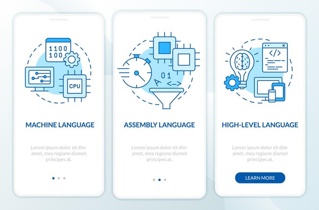 Types of computer languages blue onboarding mobile app screen