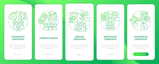 Types of gardening green gradient onboarding mobile app screen