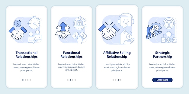 Vector types of sales relationships light blue onboarding mobile app screen