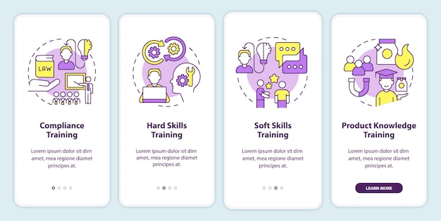 Vector types of training programs onboarding mobile app screen