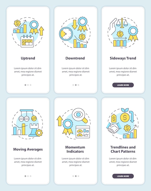 Types of trends onboarding mobile app screen set