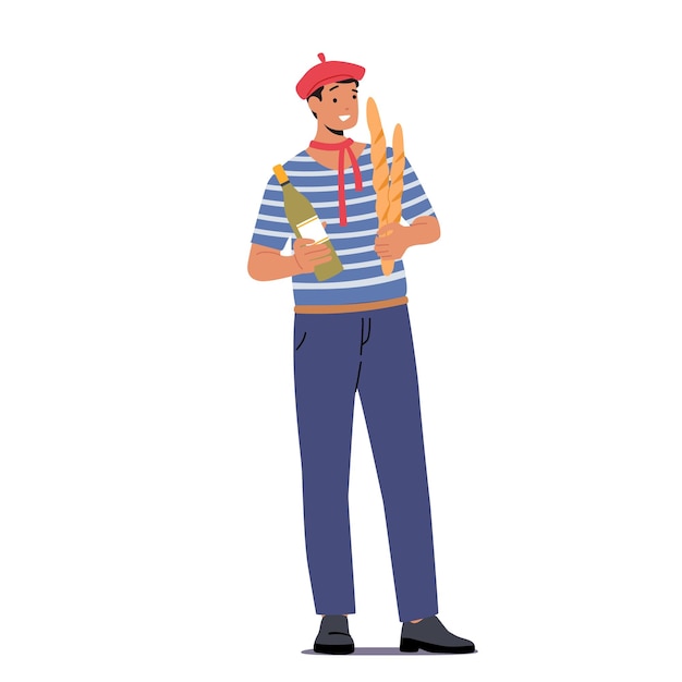 Typical French Man Wear Red Beret and Striped Tshirt Hold Wine Bottle and Fresh Baguettes Male Character in Traditional France Clothes Parisian Lifestyle Concept Cartoon People Vector Illustration