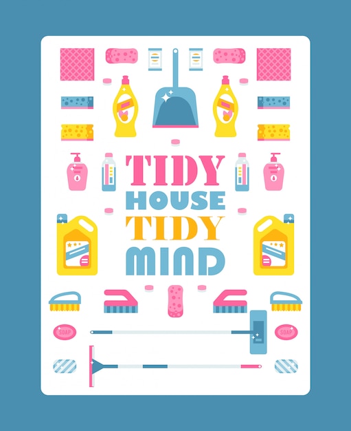 Typographic poster with isolated icons of cleaning products,  illustration. Motivational text tidy house tidy mind. Cleaning service brochure cover template