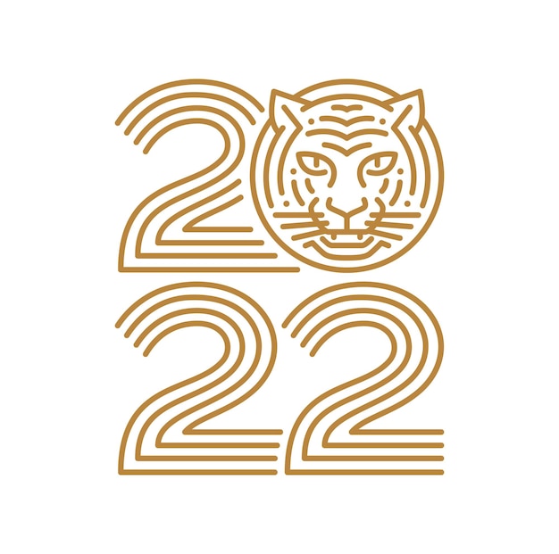 Typography of 2022 with icon tiger head in line art style design