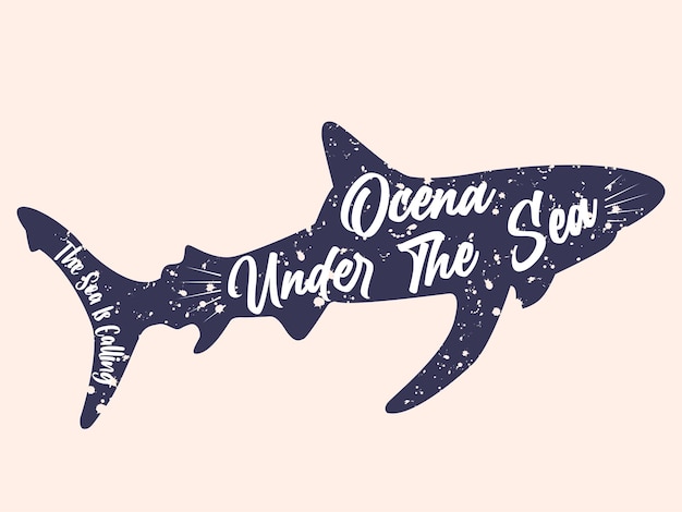 Typography monochrome vintage poster shark silhouette hand drawn style fonts Vector Illustration