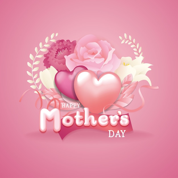 Typography Mother's day text with flowers pink ribbon 3d minimal realistic vector graphic