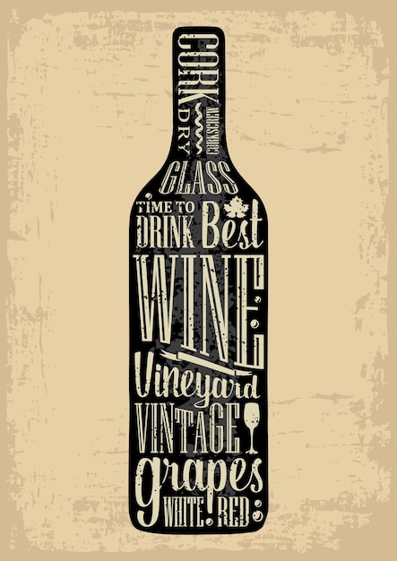 Typography poster lettering text in silhouette Wine bottle Vintage vector engraving illustration Advertising design for pub on beige background