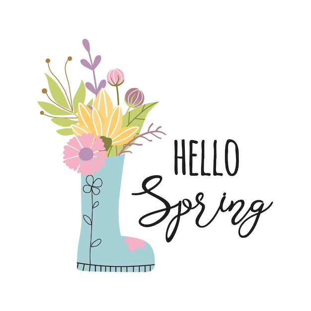 Typography quote spring Text Hello Spring decorated hand drawn flower bouquet in boots Cute black phrase isolated on white Vector illustration Spring gentle print card sign logo poster banner icon