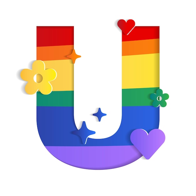 U Alphabet Character Font Letter Pride Month LGBTQ Rainbow 3D Paper Cutout Card Vector Illustration